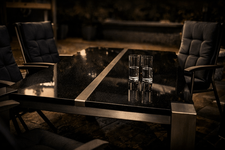 Natursteintisch mit Edelstahlgestell – Tischmanufaktur Axel Jahn